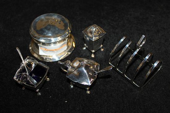 Silver condiments (3), small toast rack & pill box